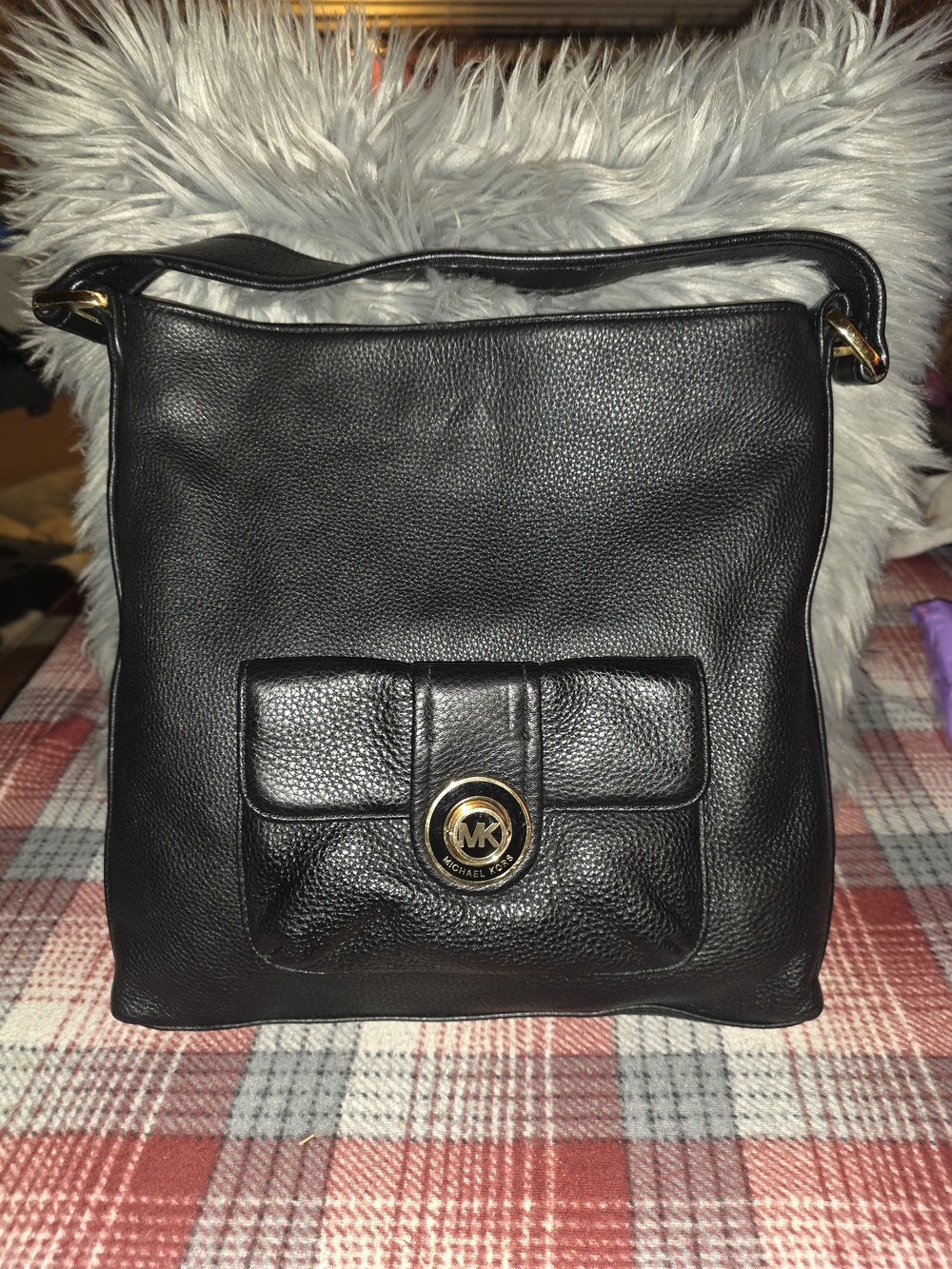 Michael Kors Black Leather Shoulder Bag with Front Pocket